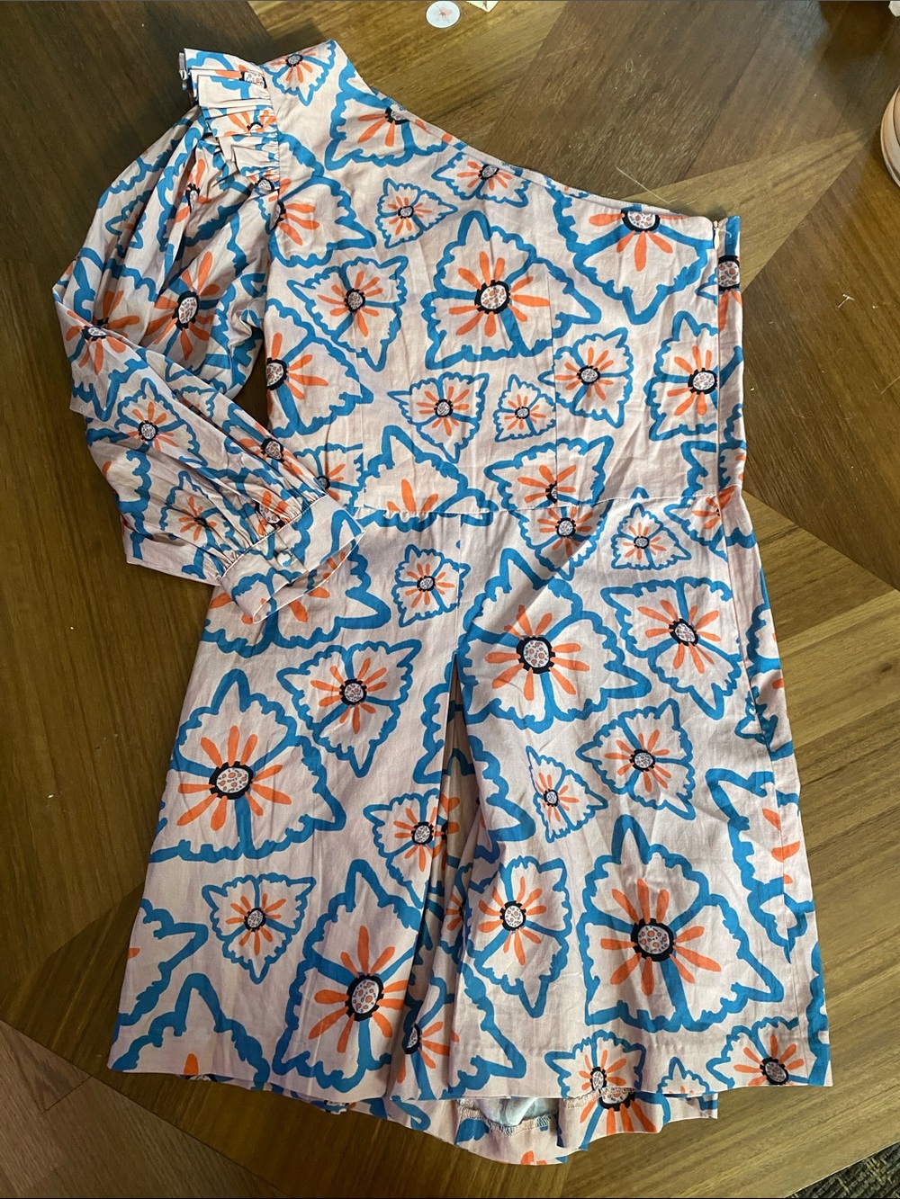 Anthropologie Atelier 1756 Women’s One-Shoulder Floral romper in Blue and Orange